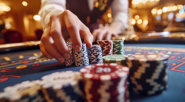 Live blackjack table with dealer and multiple player seats visible